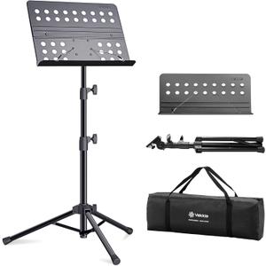 Vekkia Metal Professional Portable Perforated Sheet Music Stand - Folding Adjustable Holder, with Carrying Bag, Sturdy for Instrumental Performance, Band & Travel (32-56inch)