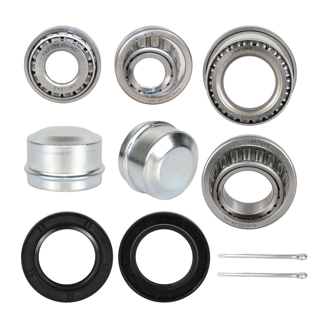 2 Set Fits for 1-1/4'' 3/4'' Axles Trailer Wheel Hub LM11949 Kit, LM11949/10 and LM67048/10 Bearing,Made of Chrome Steel03813TC Seal OD 59.15mm, Dust Cover and Cotter Pin.