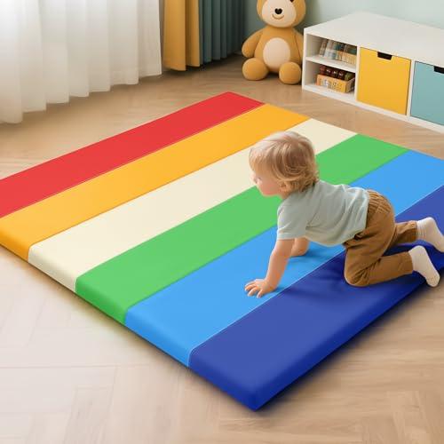 TODIBY Foam Baby Play Mat: PU Leather Waterproof Kids Playmat - Trifold Floor Mat - Large Play Mat for Playpen Thick Pad Fodable Mattress Soft Toddler Mattress Infant Cushion for Preschool (Rainbow)