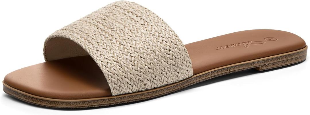 Athlefit Women's Raffia Flat Sandals Square Open Toe Comfortable Slip On Summer Beach Casual Slide Sandals Size 11