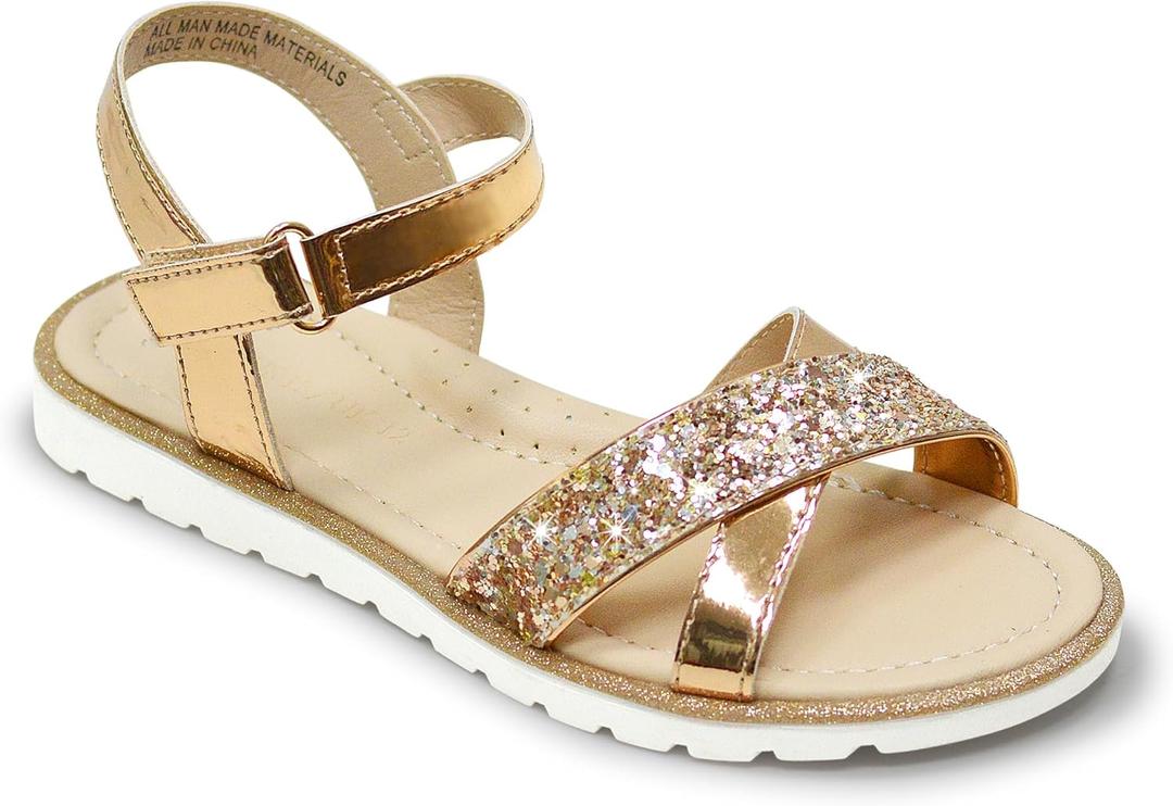 LseLom Girls Sandals Cute Open Toe Sandals Glitter Party Wedding Princess Summer Flats (13 Little Kid, Gold)