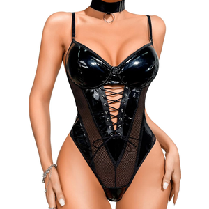 Kaei&Shi Rave Outfits Bodysuit Tops, Fishnet Corset Body Suit, Sexy Lingerie For Women, Faux Leather Festival Goth XS