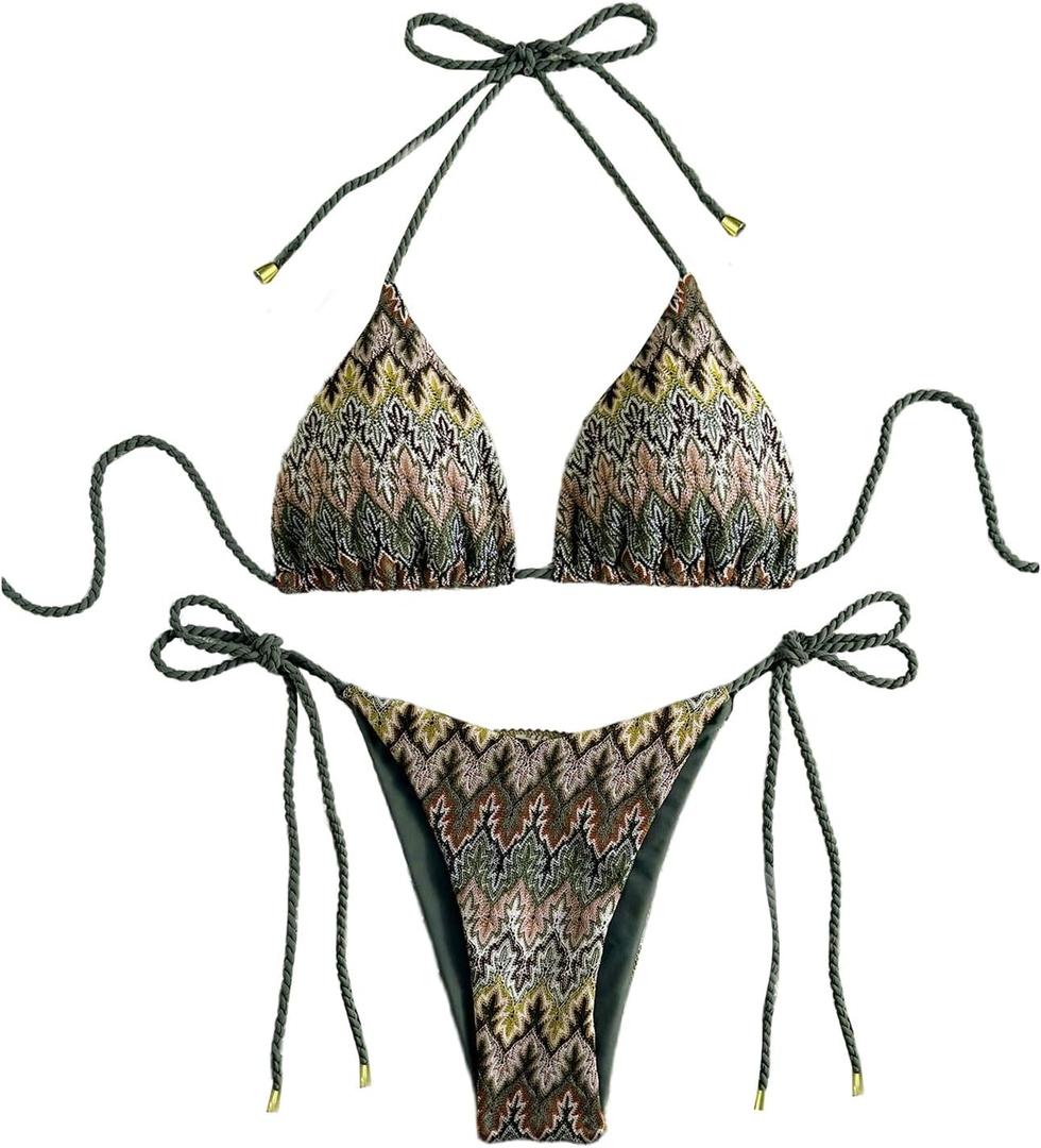 GORGLITTER Women's 2 Piece Triangle Knitted Rope Halter Thong Bikini Sets Sexy Bathing Suit Side Tie Swimsuits Multicolor Graphic Small (S)