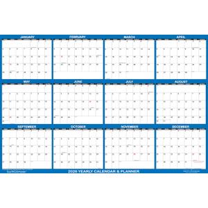 36" x 54" SwiftGlimpse 2026 Wall Calendar Erasable Large Wet & Dry Erase Laminated 12 Month Annual Yearly Wall Planner, Horizontal, Navy