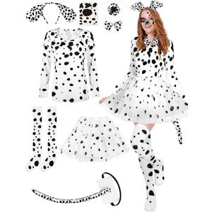 AOTHSO 8 Pcs Halloween Dalmatian Dog Costume Set for Women Long Sleeve Shirt Headband Tutu Skirt Knee High Socks Tie Sticker (Small)