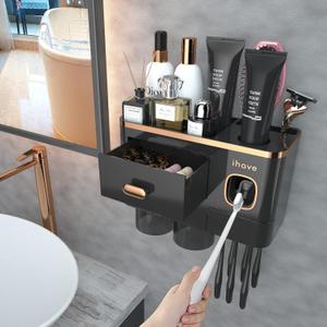 iHave Toothbrush Holders for Bathrooms - Upgrade Wall Mounted Toothbrush Holder with Toothpaste Dispenser - 2 Cups, Large Capacity Tray, Cosmetic Drawer - Bathroom Decor & Bathroom Accessories (Black Gold)