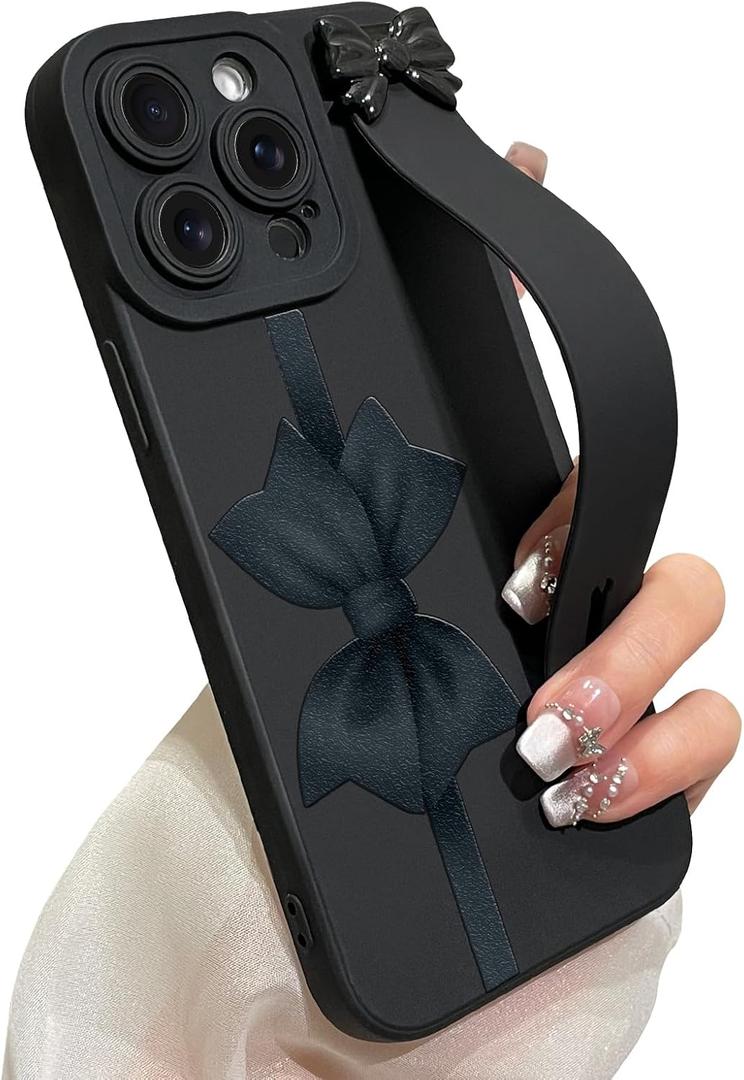 for iPhone 15 Pro Max Case with Wrist Strap Elegant Bow Ribbon Design with Adjustable Wristband Kickstand Shockproof Soft TPU Camera Protection Phone Cover for Women Girls - Black Bow