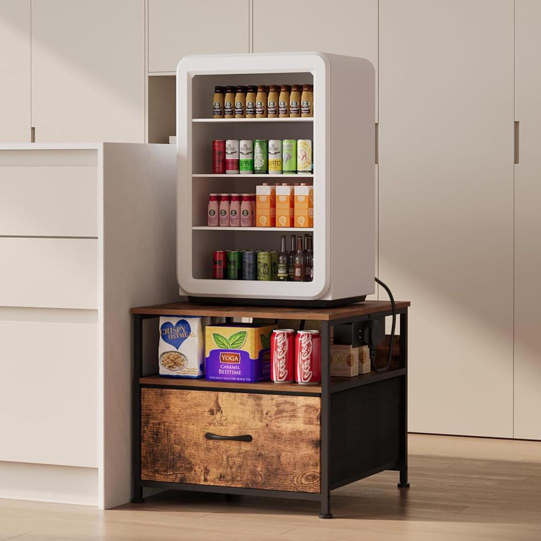 Unionly 180 lb Mini fridge Table with Drawer fridge Shelf, Smal fridge cabinet with storage,Heavy Duty Mini Fridge Standwith Charging Station, 4 Adjustable Feet for Home Kitchen Rustic Brown, 19.69"D x 19.69"W x 17.72"H