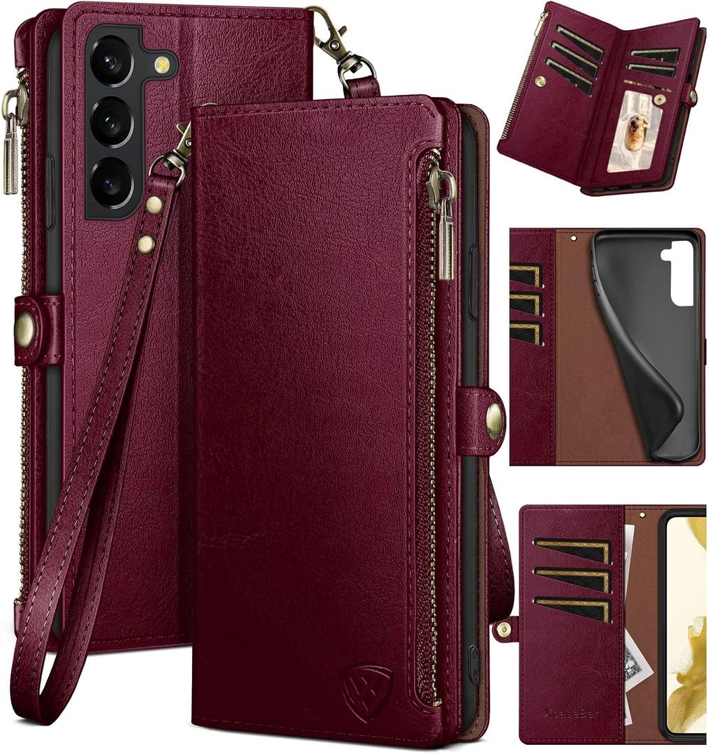 XcaseBar for Samsung Galaxy S22 Wallet case with Zipper Credit Card Holder【RFID Blocking】, Flip Folio Book PU Leather Phone case Shockproof Cover Women Men for Samsung S22 case Wine Red