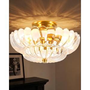 Semi Flush Mount Ceiling Light Fixture 14" Vinatge Gold Ceiling Lights Mid Century Modern Clear Glass Close to Ceiling Lighting Fixtures for Bedroom Hallway Kitchen Laundry Room Bathroom