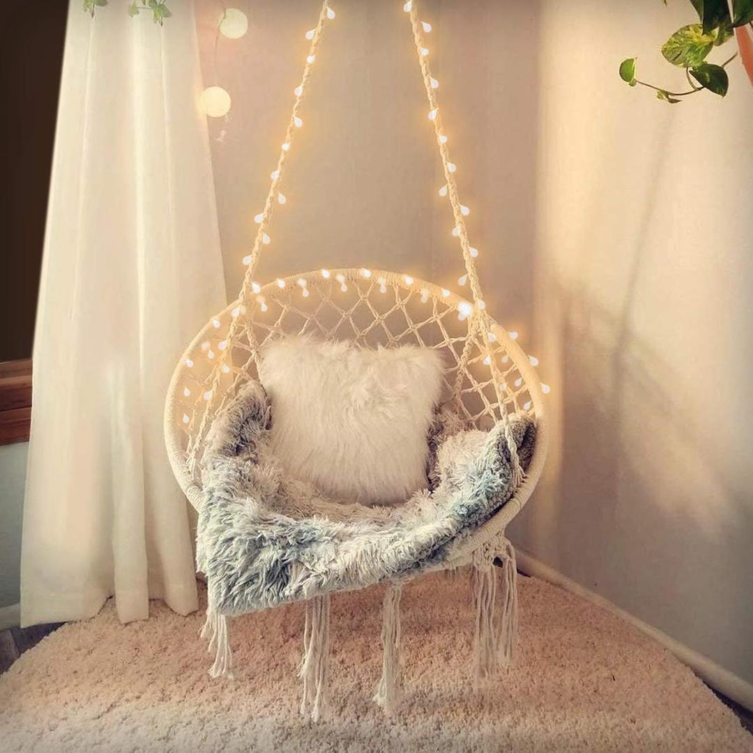KASHAN Hanging Chair for Bedroom Hammock Chair Swing with Lights and Hardware Kits Holds up to 550Lbs Macrame Swing Chair Hanging Cotton Rope for Patio, Deck, Garden - Cushion Not Included