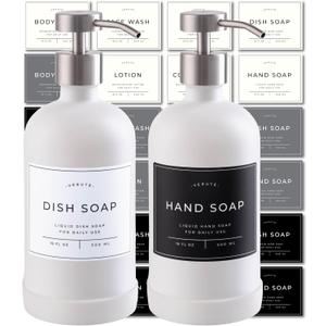Hand and Dish Soap Dispenser for Kitchen and Bathroom, Set of 2 16 Oz Glass Bottles, Stainless Steel Pumps, Non-Slip Silicone Base, 27 Waterproof Labels (Matte White Bottle/Brushed Silver Pump)