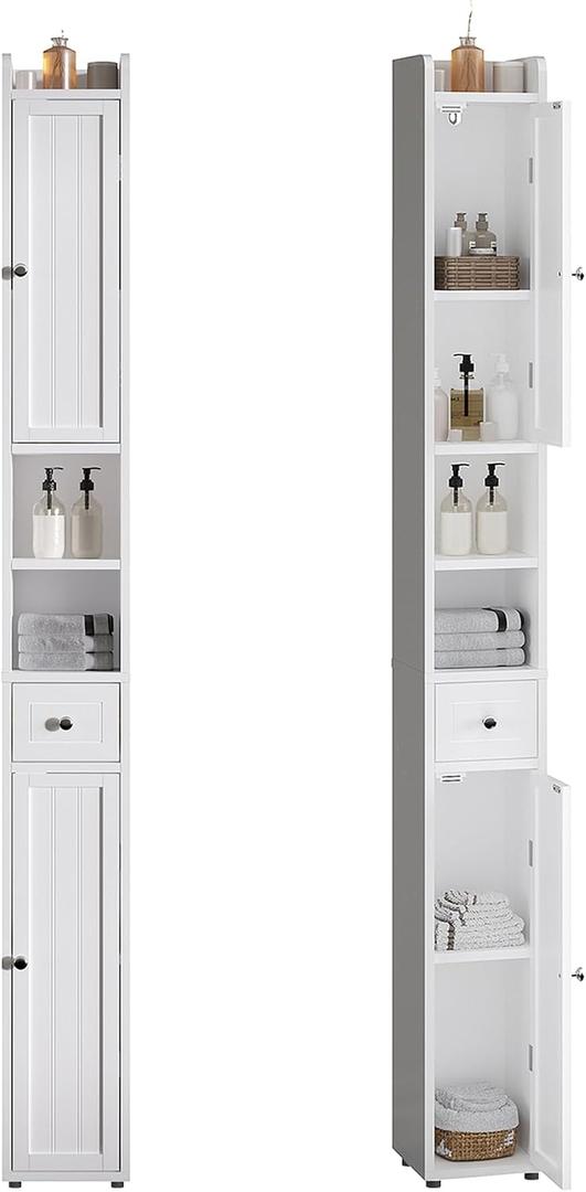 ChooChoo Narrow Bathroom Storage Cabinet with Adjustable Shelves and Drawer, 7.87"D x 7.87"W x 70.87"H