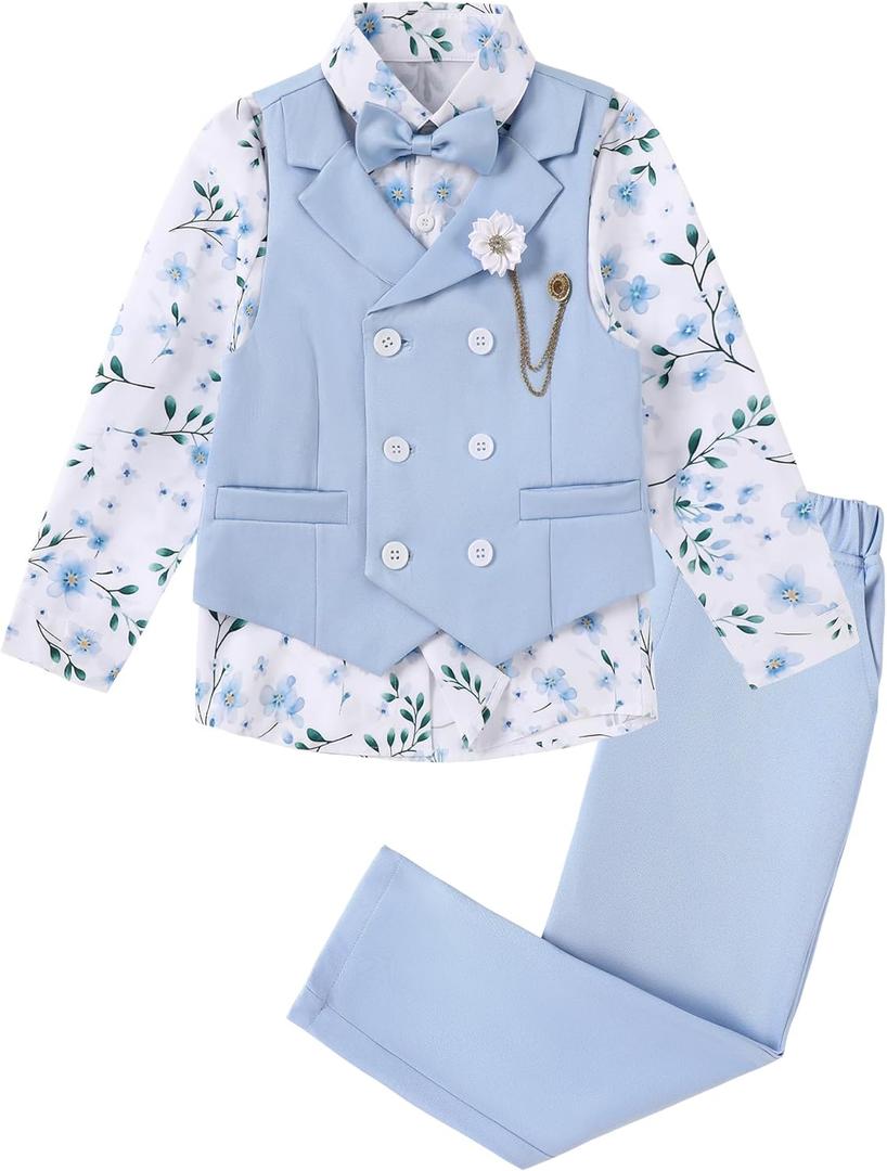 DISAUR Boys Suits Toddler Tuxedo Suit Wedding Ring Bearer Outfit Vest Pants Dress Shirt Bowtie Boutonniere for 5-6 Years