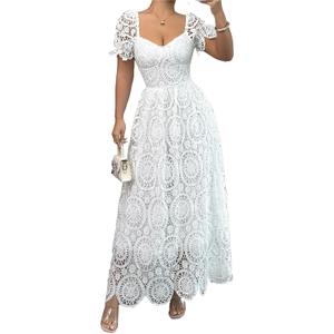 ASANDY Women's Floral Lace Short Sleeve Square Neck Flower Swing Hem Layered Fairy Wedding Bridesmaid Cocktail Maxi Dress (Large, White)