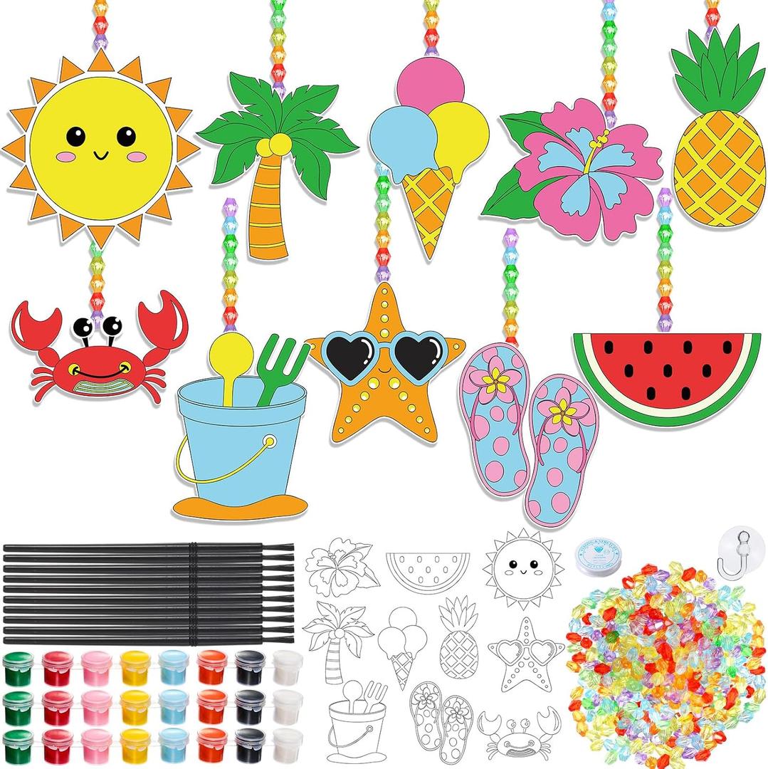 Dunzoom 30 Set Summer Window Art Suncatchers Kits Summer Beach Fruit DIY Suncatchers Craft Kits Make Your Own Paint Ornaments for Boys Girls Craft Painting Art Activity