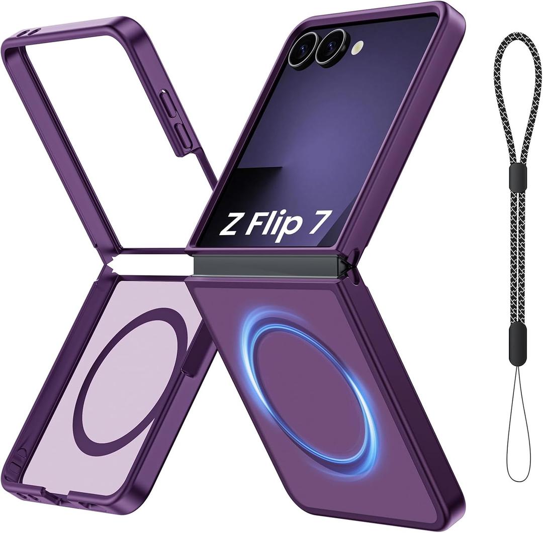 Magnetic for Galaxy Z Flip 7 Case, Compatible with MagSafe, [No Screen Protector] [Military-Grade Protection] Slim Translucent Matte Shockproof Phone Case for Samsung Flip 7 (Purple)