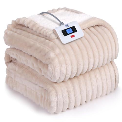 Sealy Electric Blanket Full Size, Soft Ribbed Flannel to Sherpa Reversible Heated Blanket with 10 Heat Settings & 1-12 Hours Auto-Off Overheat Protection, Machine Washable, 72"x84" Beige