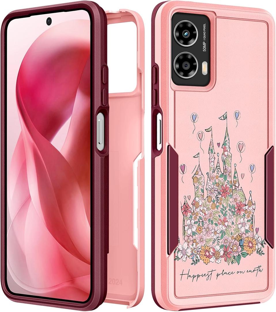 for Moto G Power 5G 2024 Case Women - Cute Girls Phone Cover Girly Aesthetic Design Flowers Castle Heavy Duty Protective Shockproof Military Grade for Motorola Moto G Power 5G 2024 Cases