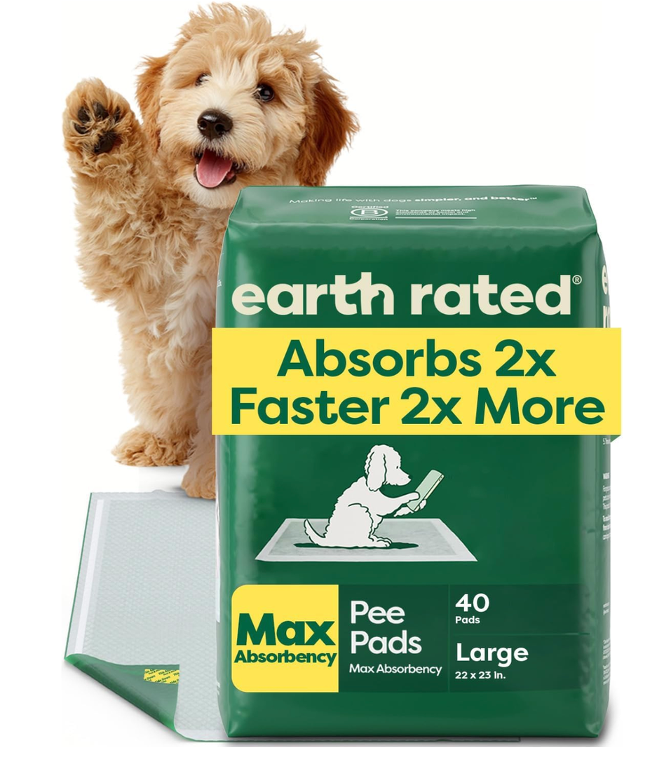 Earth Rated Max Absorbency Puppy Pee Pads for Dogs Absorbs 2X Faster & 2X More, LeakProof, Odor Control Potty Training, Unscented, Large, 22” x 23”, 40 Count
