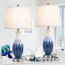 28 Tall Table Lamps Set of 2, Ceramic Navy Blue Bedside Lamps with USB Ports, Coastal Lamp with White Fabric Shade, Large Bedroom Table Lamps for End Table Living Room Nightstand