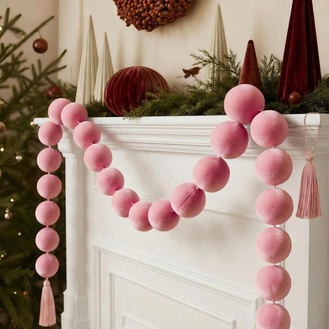 Liliful 24 Pcs Large Christmas Velvet Beads Garland for DIY Craft Flocking Ball Christmas Tree Ornament Hanging Beads for Xmas Tree Fireplace Decoration Holiday Supplies(Pink)