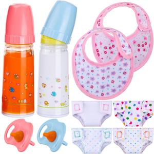 10 Pcs Baby Doll Accessories Set Pretend Feeding and Caring Play Toy Set with Magic Disappearing Milk and Juice Bottles, Pacifier, Bibs, Diapers Baby Doll Stuff for Kids Girls Birthday Party Gifts