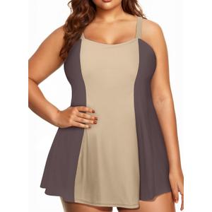 Aleumdr Women's Plus Size One Piece Swimsuit Tummy Control One Piece Bathing Suit with Skirt Vintage Swimdress with Pockets (XX-Large, Color Black-brown)