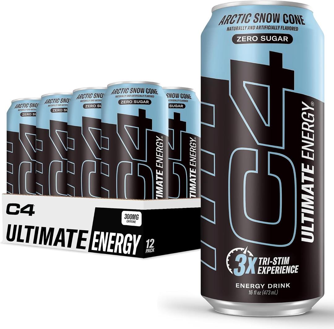 C4 Ultimate Sugar Free Energy Drink 16oz (Pack of 12) | Arctic Snow Cone | Pre Workout Performance Drink with No Artificial Colors or Dyes (EXP 09/17/26)