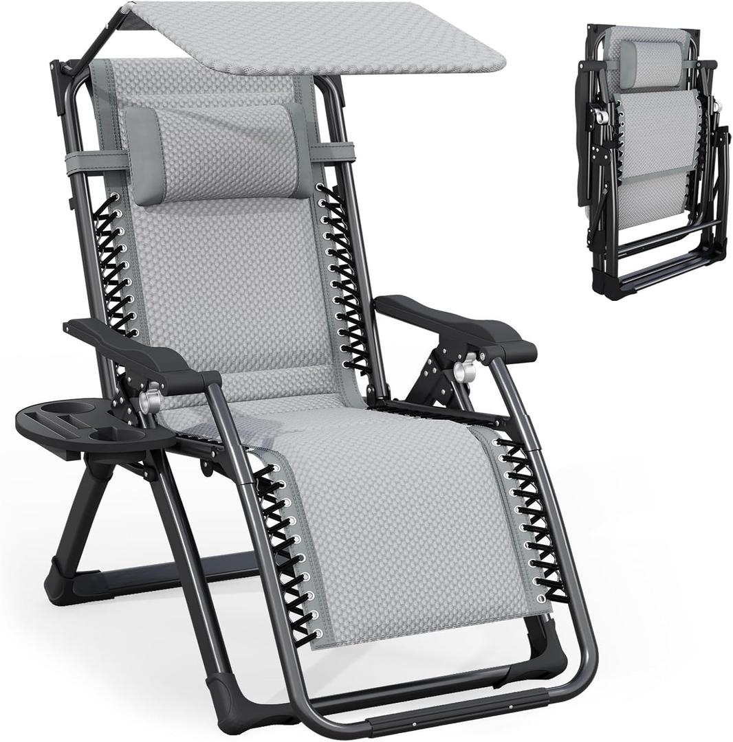 ATORPOK Padded Zero Gravity Lounge Chair - Foldable Patio Recliner w/Adjustable Canopy, Headrest & Cup Holder for Backyard, Poolside & Beach (Gray)
