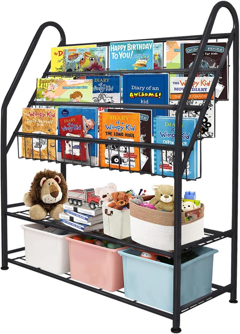 Aboxoo Metal Kids Bookshelf Black Large Freestanding for Children Room 32 in Toy Organizer Large Stable Bookcase Bookstore Library Book Unit Storage Kids Bed Living Room