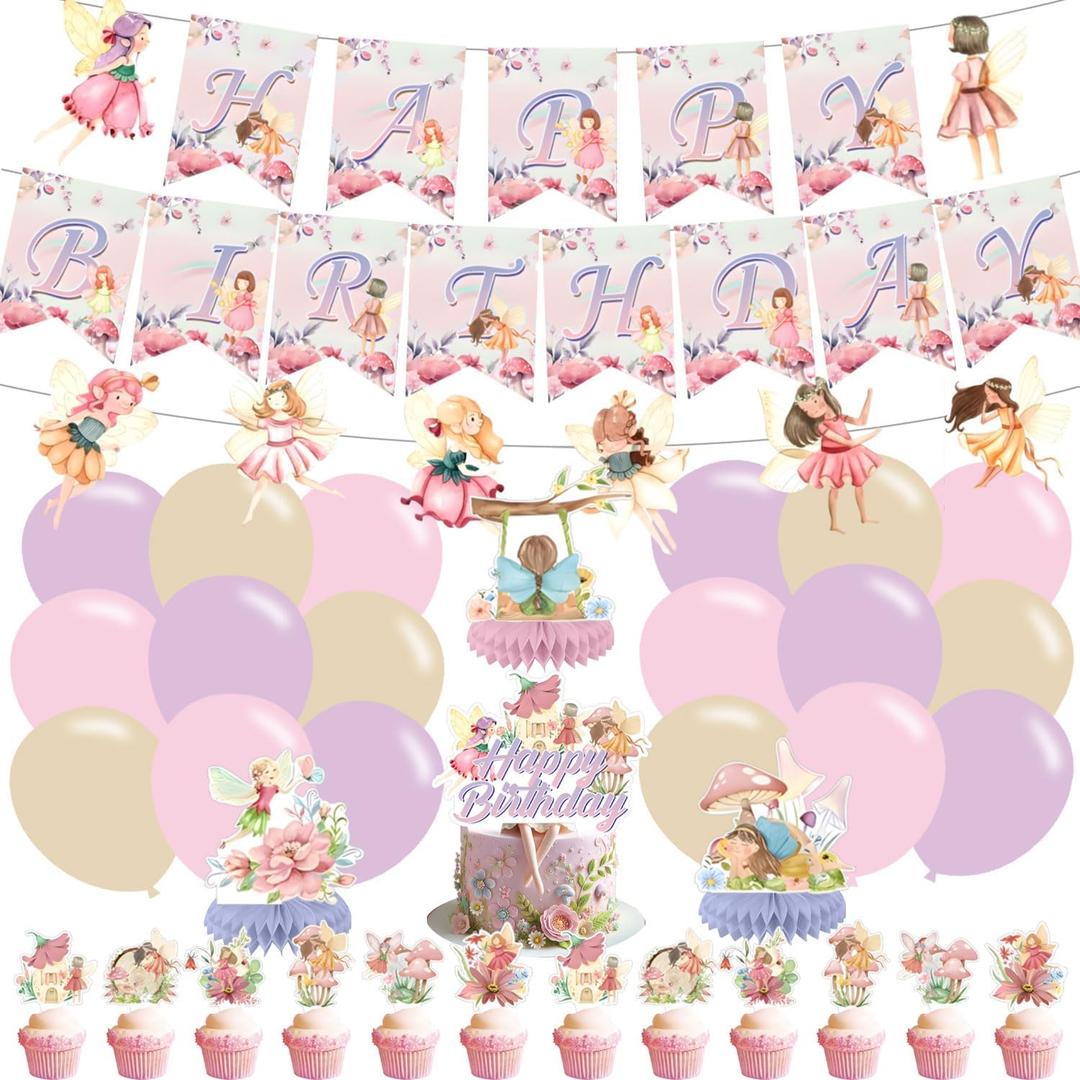 Fairy Party Supplies ,Pink fairy Party Supplies Decorations with Happy Birthday Flower Fairy Banner, Cake Topper,Flower Fairy Balloons, Centerpieces,Multi-Color Balloons for Fairies Party