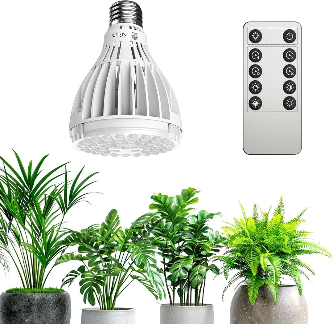 Dimmable Grow Light Bulb, Full Spectrum with Remote Control, Auto On Off Timing 4 8 12 Hrs, 32W PAR20 (350 Watt Equiv) Grow Lamp with Optical Lens for High PPFD, Energy Saving for Indoor Plants (Grey)