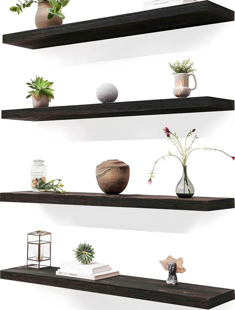 24 Inch Brown Wood Floating Shelves for Wall Rustic Wall Shelf for Bedroom Living Room Set of 4, 24Incn
