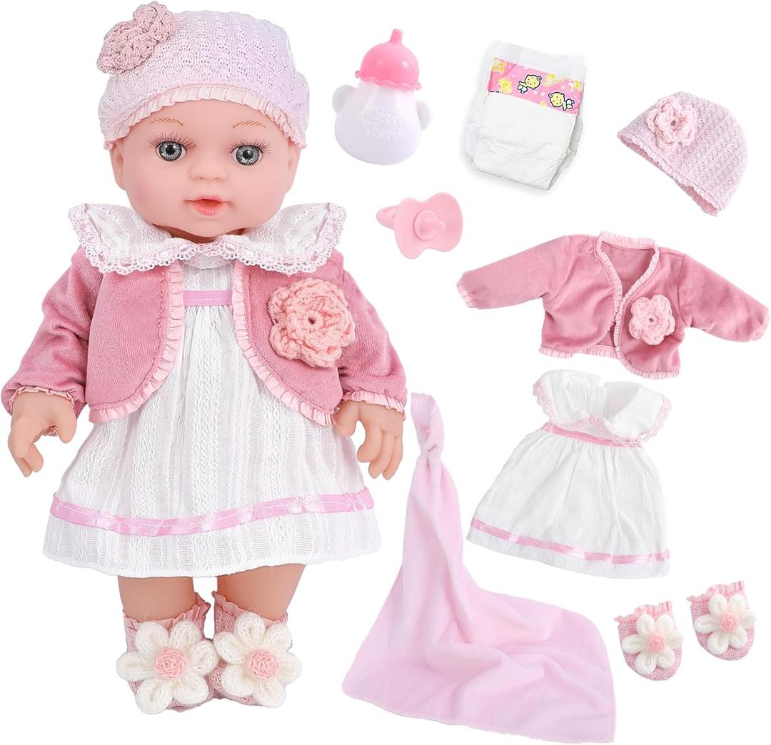 12" Girl Baby Dolls Playset Adoption Baby Doll with Clothes Accessories Include Outfits, Pacifier, Disposable Diaper, Blanket, Feeding Bottle Toy Stuff for Toddler 3 Ages and Up