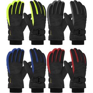 2 Pairs Kids Winter Snow Gloves Waterproof Windproof Warm Fleece Boys Girls Ski Gloves Outdoor Cold Weather (5-6 Years, Gray, Green, Dark Blue, Red)