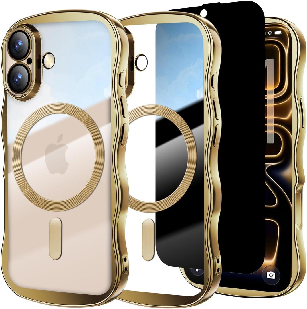 Misscase for iPhone 16 Case with Privacy Screen Protector,Compatible with MagSafe,Cute Wave Frame Anti-Scratch Case with Camera Lens Protector Plating Bling Case for iPhone 16 6.1" Women Gold