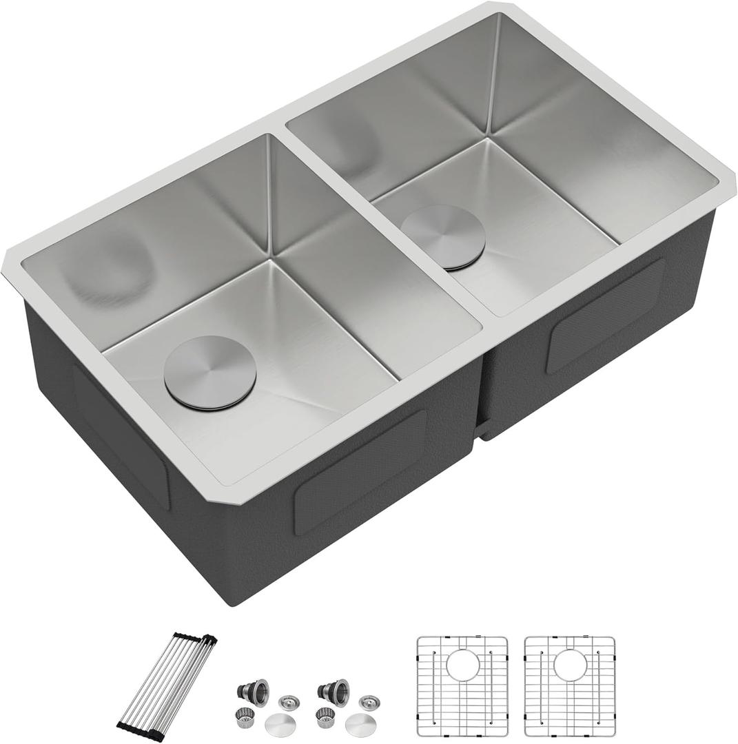 Dcolora 36" Extra Large Double Bowl Kitchen Sink Undermount 50/50 Split 16 Gauge 304 Stainless Steel Double Sinks, Round Corner 36"x19"x10" DC-U7740