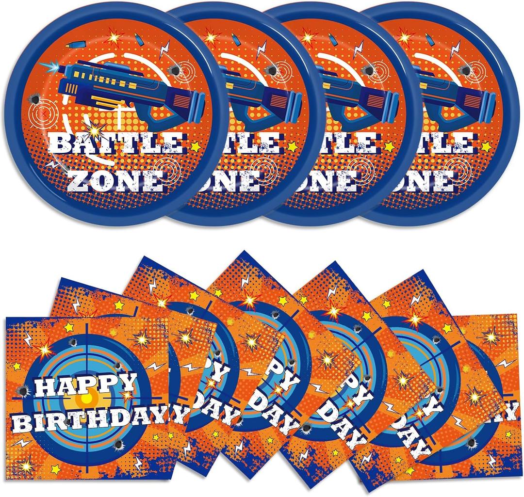 48Pcs Dart War Paper Plates and Napkins Dart War Party Decorations Blue and Orange Birthday Party Supplies Battle Video Game Disposable Tableware Set for Kids Boys' Birthday Baby Shower Serves 24