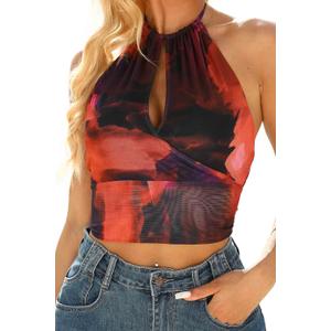 2026 Women's Summer Halter Top V Neck Print Sleeveless Tie Back Mesh Backless Crop Camisoles Tops (Purple, S)