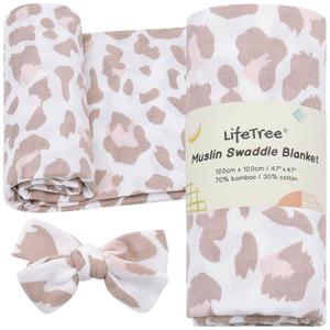 LifeTree Baby Muslin Swaddle Blankets Girl Newborn Receiving Blanket with Headband Bow Set Baby Blush Leopard Print Nursery Swaddle Wrap