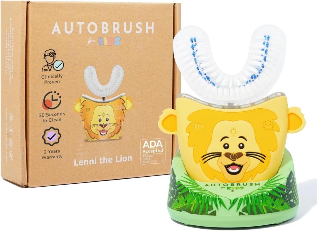 autobrush Kids Electric Toothbrush  Only ADA Accepted U-Shaped Toothbrush, Clinically Proven Up to 5.1X Better Cleaning, 30 Seconds, Full-Mouth 360 Coverage, LED Lights, Music, Ages 3-5, Lion