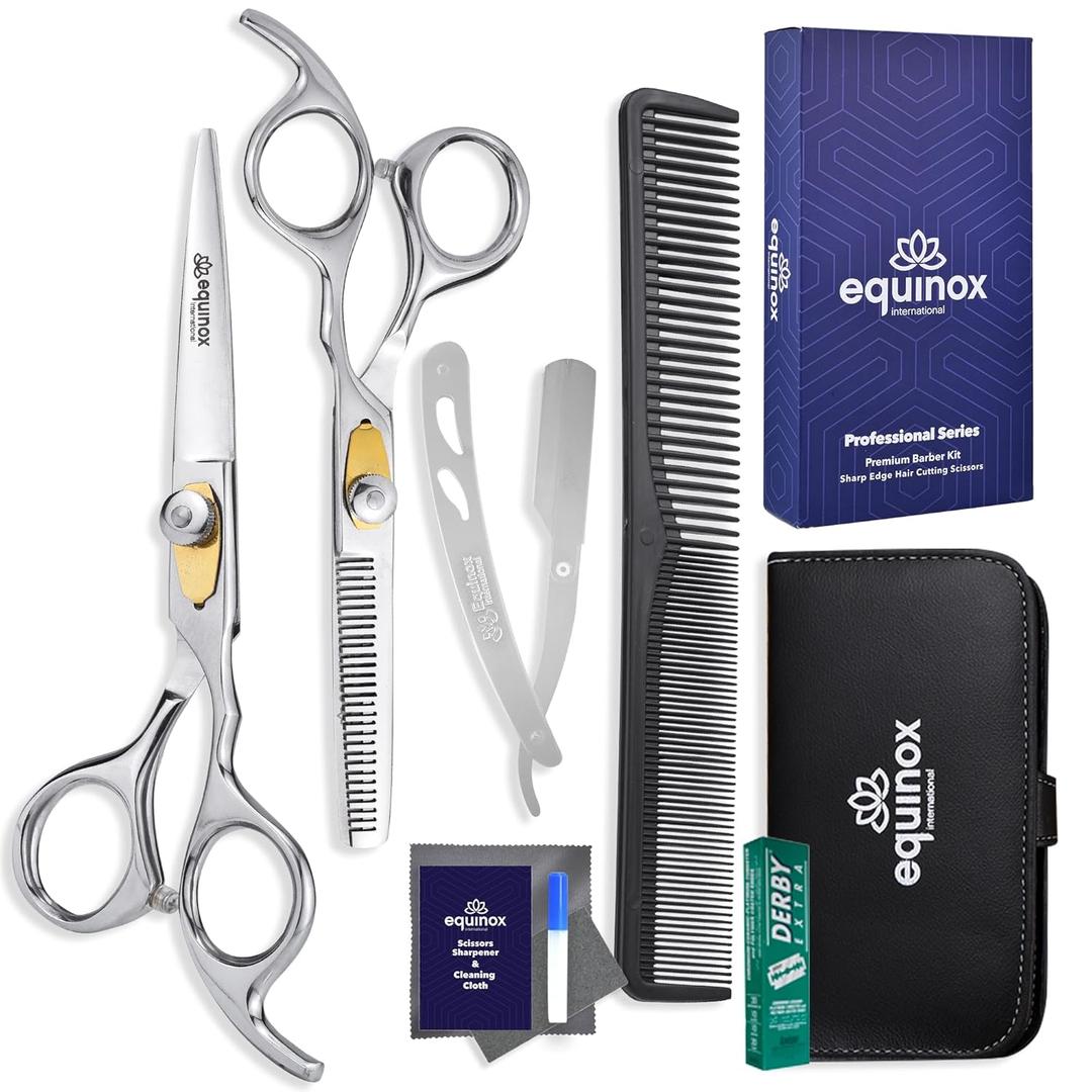 Equinox Professional Hair Scissors Set - Premium Barber Kit, Includes Hair Cutting Scissors, Thinning Shears, Straight Razor, Basic Comb, Cleaning Cloth, Oil & Sandpaper - Hair Salon & Barber Supplies