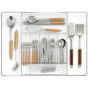 Expandable Silverware Organizer for Drawer, Clear Acrylic Utensil Organizer with Adjustable Compartments, Large Kitchen Drawer Organizer Tray for Cutlery, Flatware & Utensils Storage