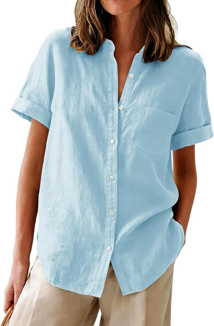 Womens Button Down Shirts Oxford Short Sleeve Cotton Dress Shirts Collared Button Up Casual Blouses Tops with Pocket (Blue, L)