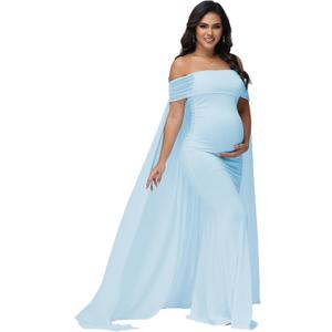 Women's Maternity Mesh Off Shoulder Chiffon Maxi Photoshoot Dress for Baby Shower Cloak Outfit Maxi Photography Gown S