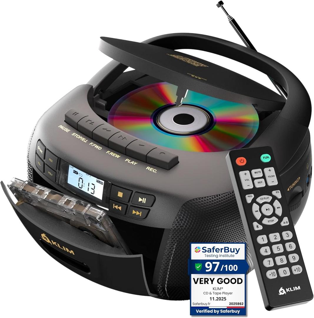 KLIM CD Player & Cassette Tape Player, Bluetooth Boombox, AM/FM Radio, Stereo Sound, Remote, CD and Cassette Combo, Tape Recording, USB Drive, AUX, AC/DC Powered