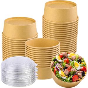 50 Pack 25 oz Kraft Paper Bowls with Lid, Paper Salad Bowls, Disposable Food Container, To Go Food Container for Party, Salad, Soup, Ice Cream