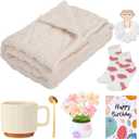 7 Pcs Birthday Gift Set for Women, Summer Self Care Gift Throw Blanket Socks Mug Set for Mothers Teachers Nurses (White)