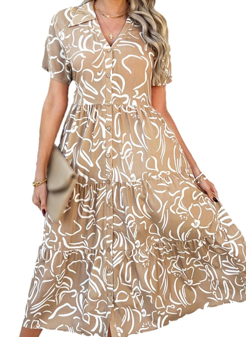 2025 Womens Summer Button Down Floral Babydoll Maxi Dress Ruffle V Neck Short Sleeve Sundress for Wedding Party Guest, Size S